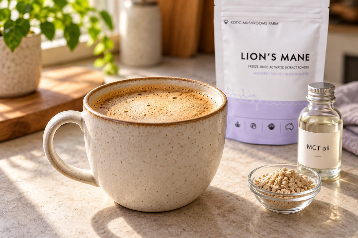 Mushroom coffee with MCT oil made with Lion's Mane extract powder