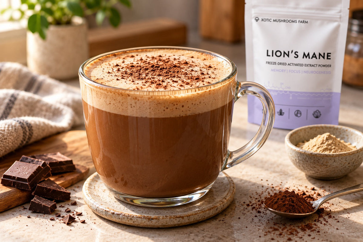 Lion's Mane mocha made with extract powder, espresso and cocoa