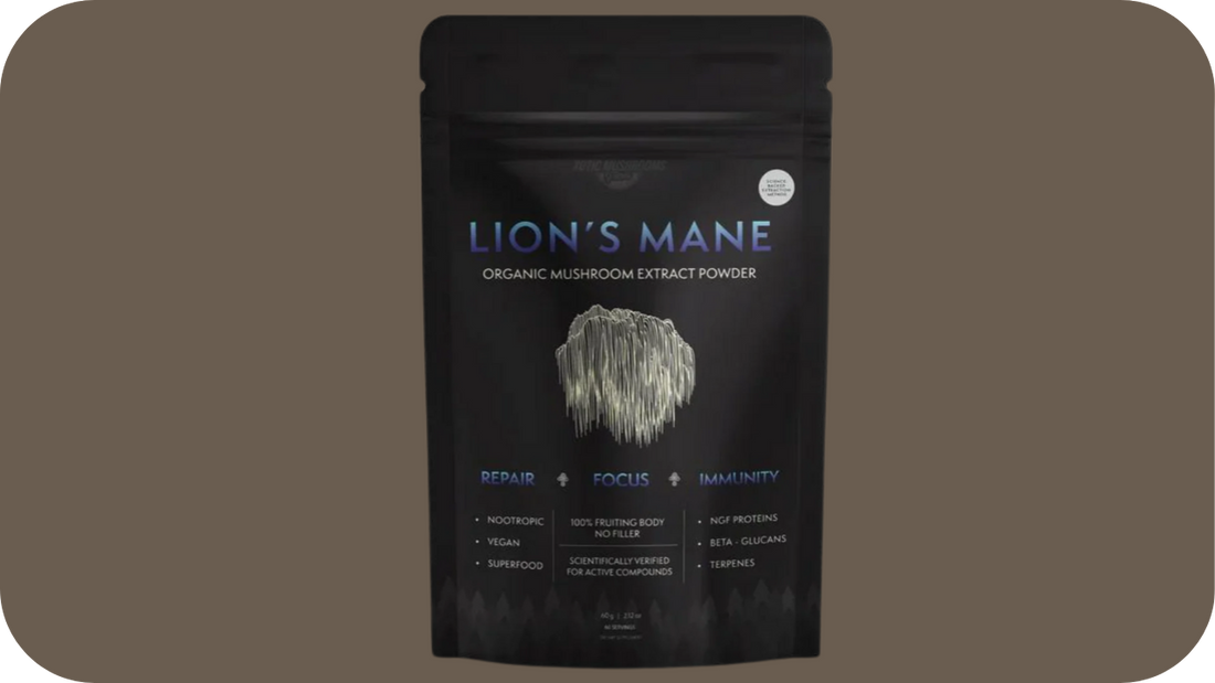 Product image of Xotic Mushrooms’ Lion’s Mane Organic Mushroom Extract Powder in a matte black resealable pouch labelled with benefits including repair, focus, and immunity.