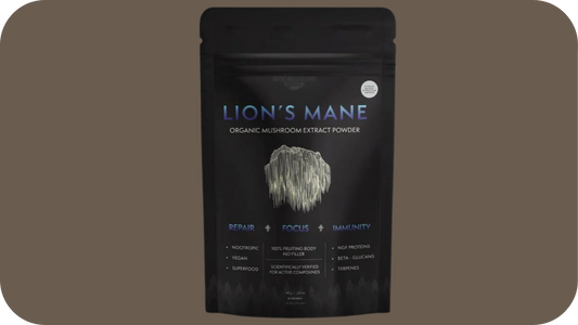 Product image of Xotic Mushrooms’ Lion’s Mane Organic Mushroom Extract Powder in a matte black resealable pouch labelled with benefits including repair, focus, and immunity.