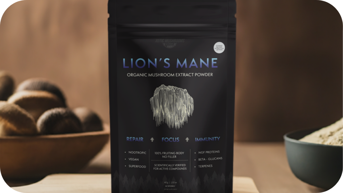 Close-up image of Lion’s Mane Organic Mushroom Extract Powder packaging, featuring key benefits such as repair, focus, and immunity. The background features a bowl of mushrooms, highlighting the product's natural, organic qualities.