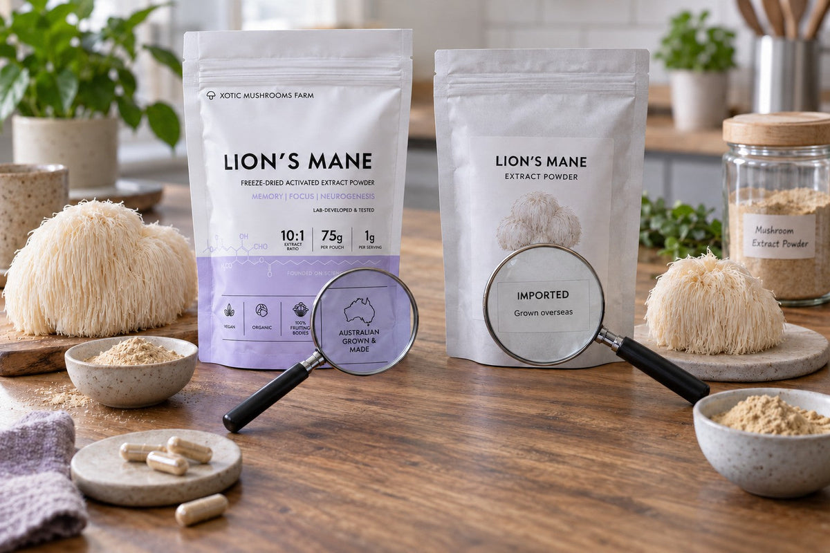 Lion's Mane mushroom Australia comparison of Australian grown and imported powder labels