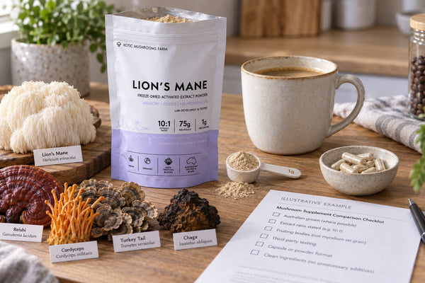 Lion's Mane powder Australia, extract powder in a pouch with a measuring spoon