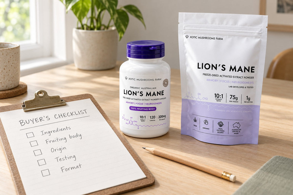 best Lion's Mane supplement Australia buyer's checklist with capsules and powder