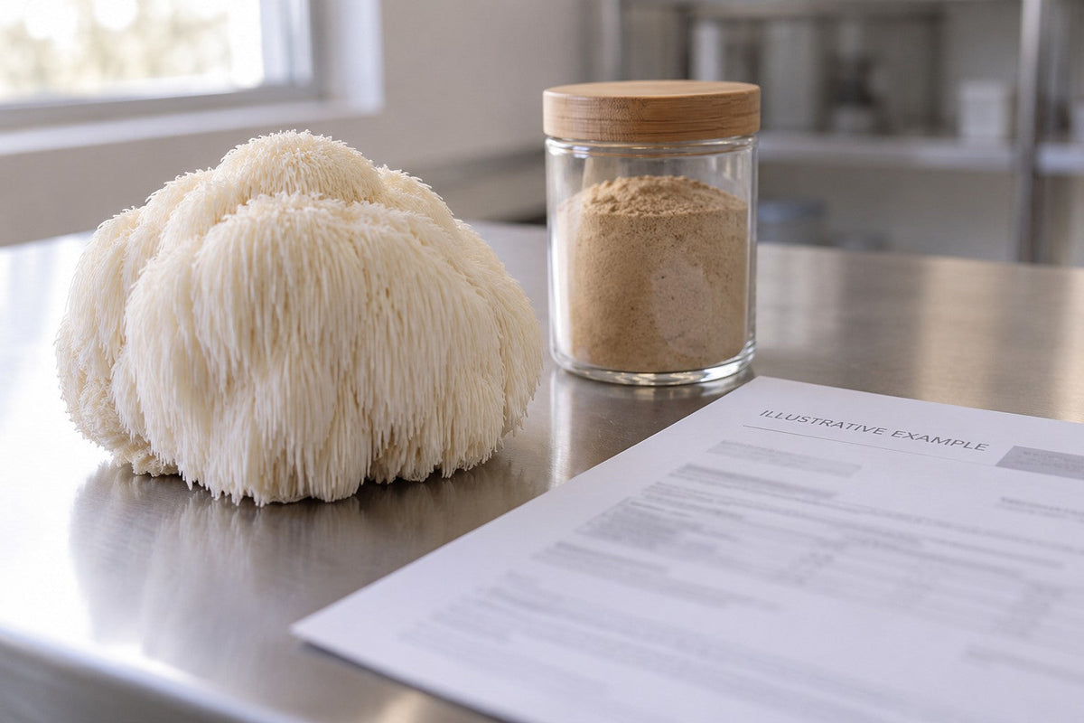 Illustrative image of fresh Lion's Mane mushroom beside extract powder and a lab report