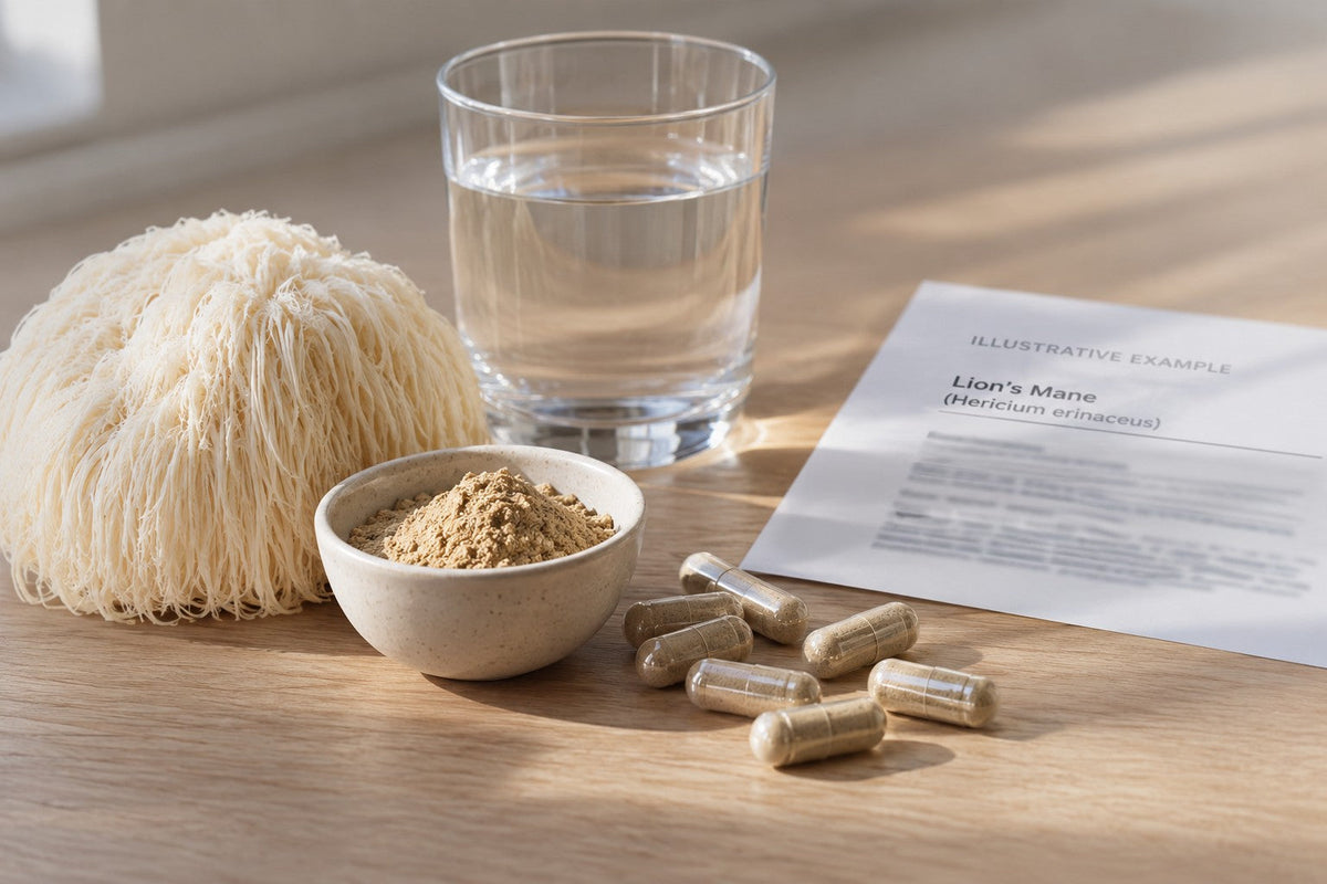 Lion's Mane capsules and powder with ingredient label for checking side effects