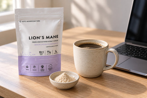 Coffee, Lion’s Mane extract powder and a laptop on a home desk.
