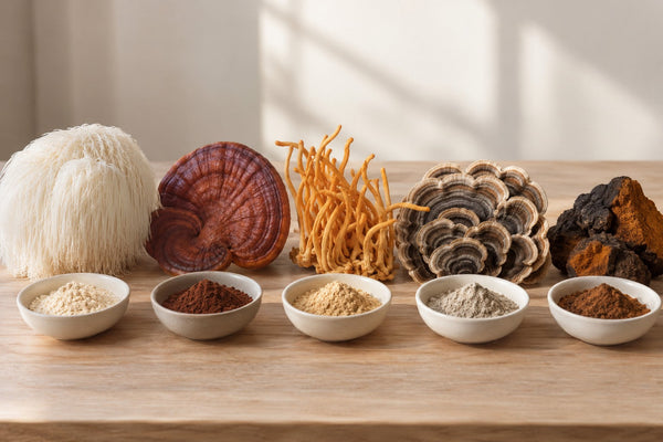 functional mushrooms australia guide showing lions mane, reishi, cordyceps, turkey tail and chaga