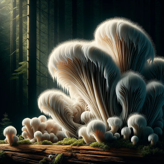 a hyper-realistic illustration of Lion's Mane mushrooms, showcasing their unique and natural beauty.