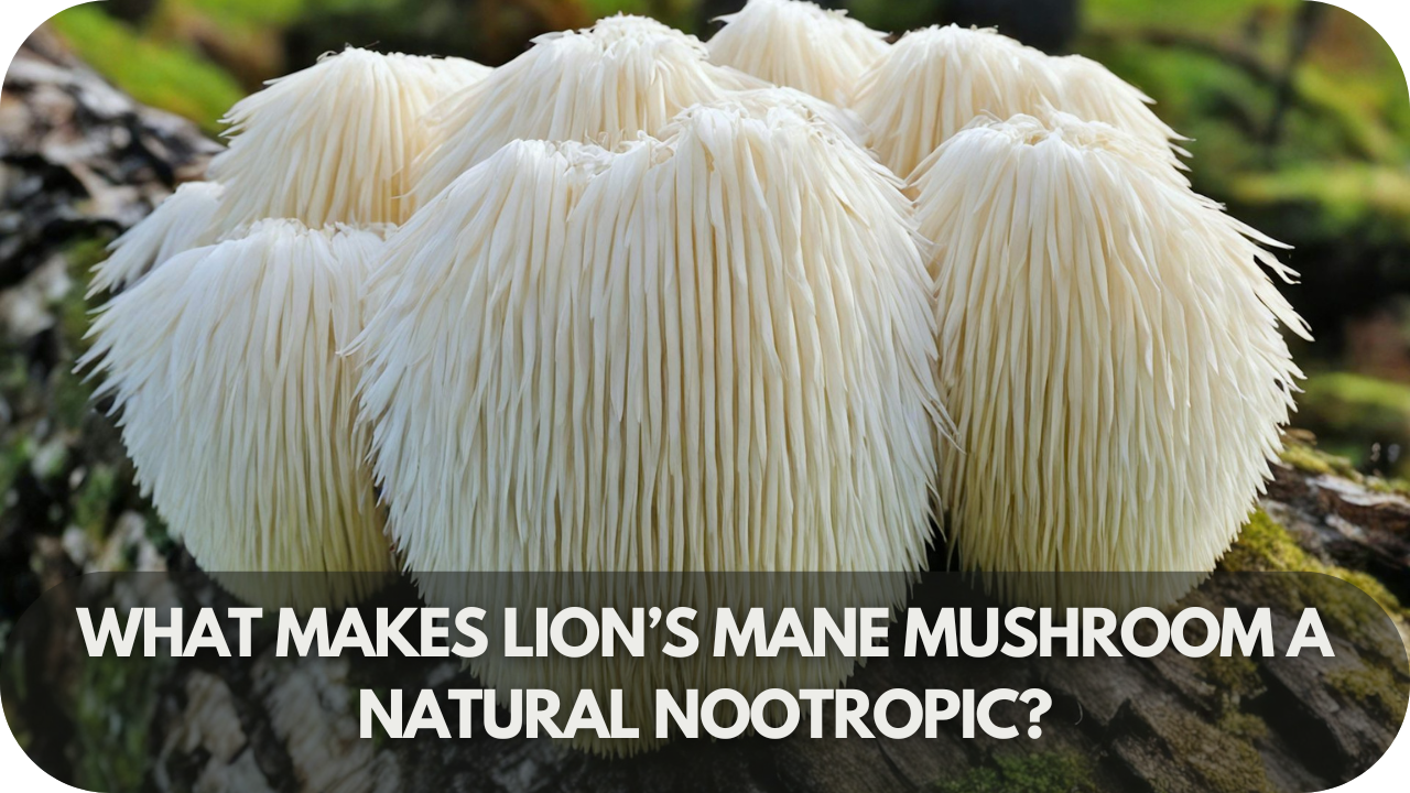 Fresh Lion’s Mane mushrooms on a wooden surface, highlighting their brain-like texture and natural nootropic properties.