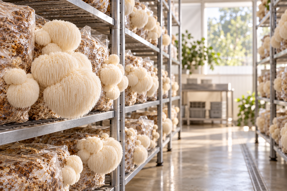 Lion's Mane mushrooms growing in a clean cultivation room