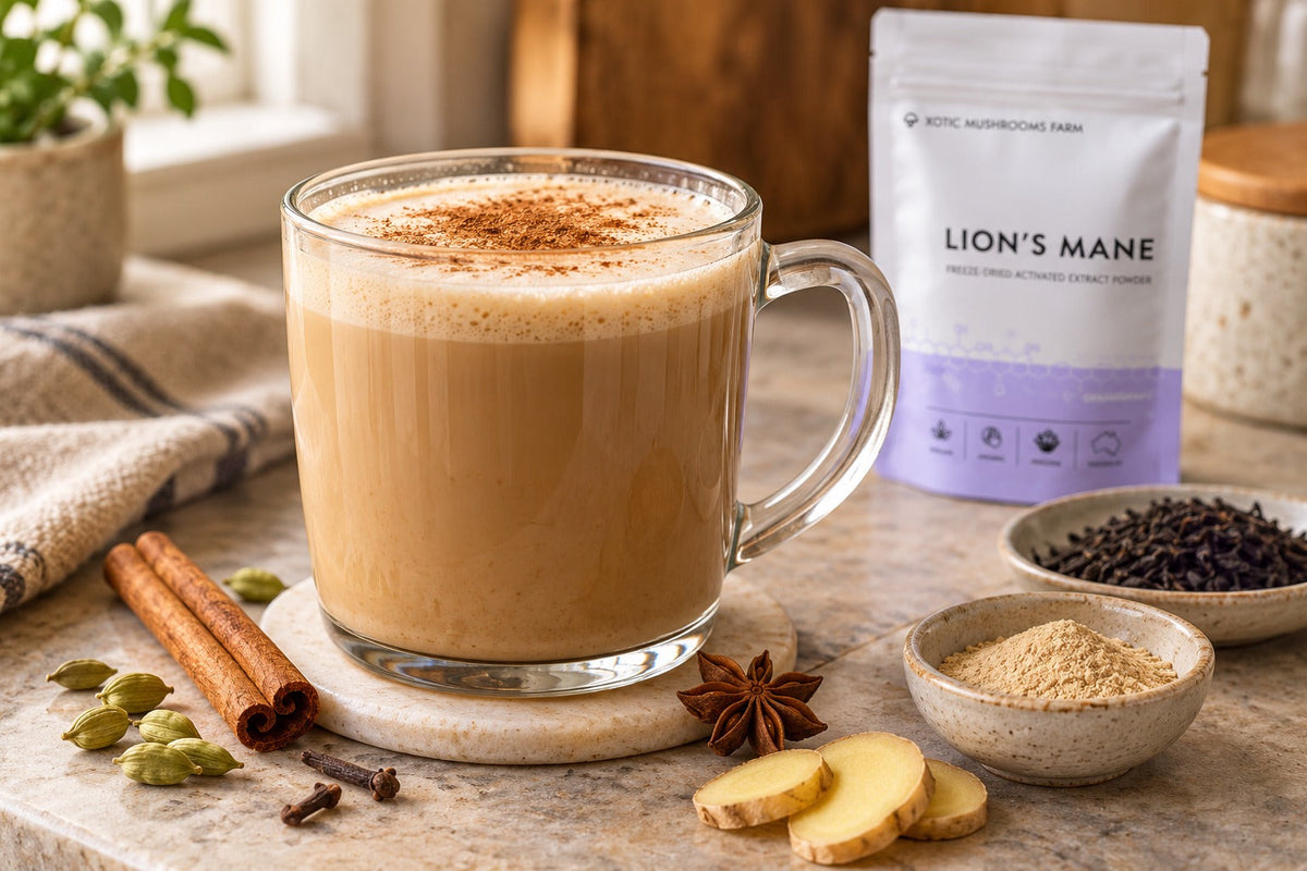 Mushroom chai tea latte made with Lion's Mane extract powder