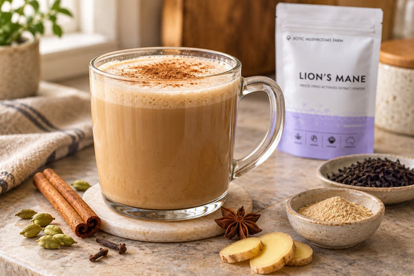 Mushroom chai tea latte made with Lion's Mane extract powder