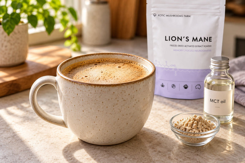 Mushroom coffee with MCT oil made with Lion's Mane extract powder