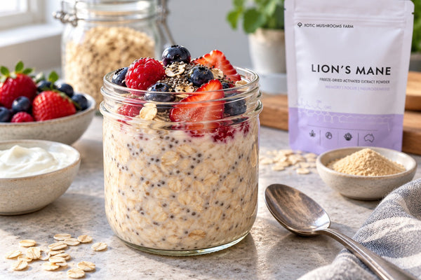 Lion's Mane oats in a jar topped with berries