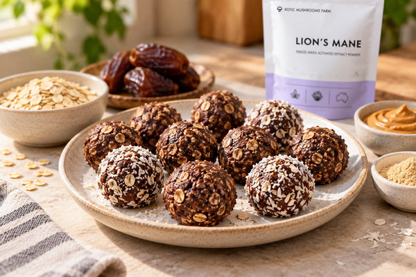 No-bake Lion's Mane energy balls made with dates, oats and cacao