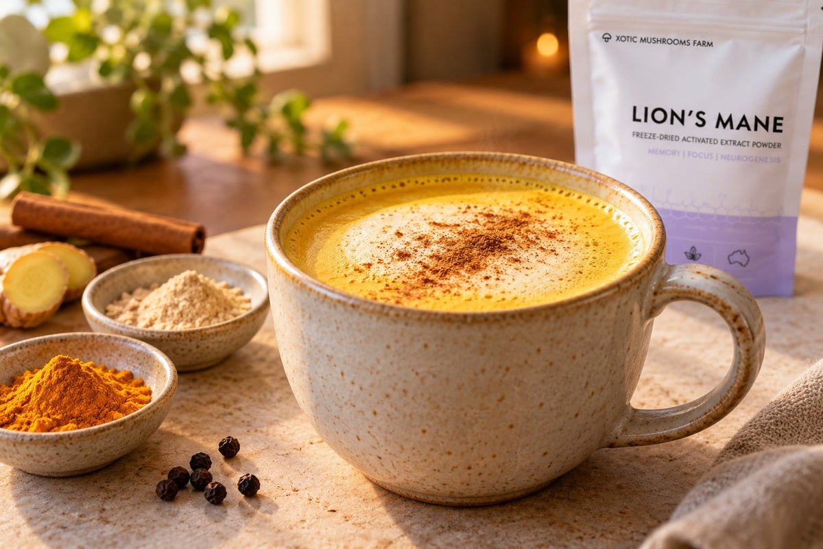 Lion's Mane golden milk turmeric latte in a mug