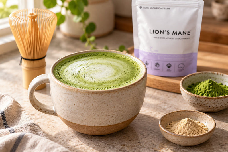 Mushroom matcha latte made with Lion's Mane extract powder