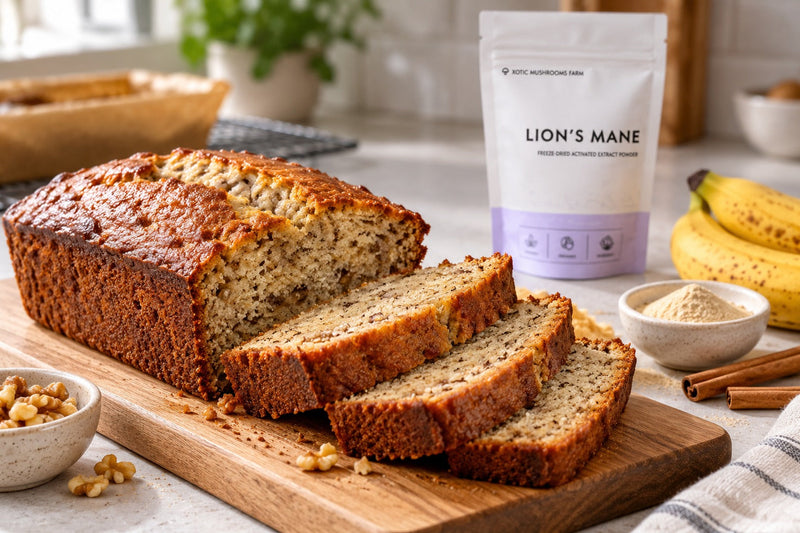 Baking with mushroom powder: Lion's Mane banana bread loaf, sliced