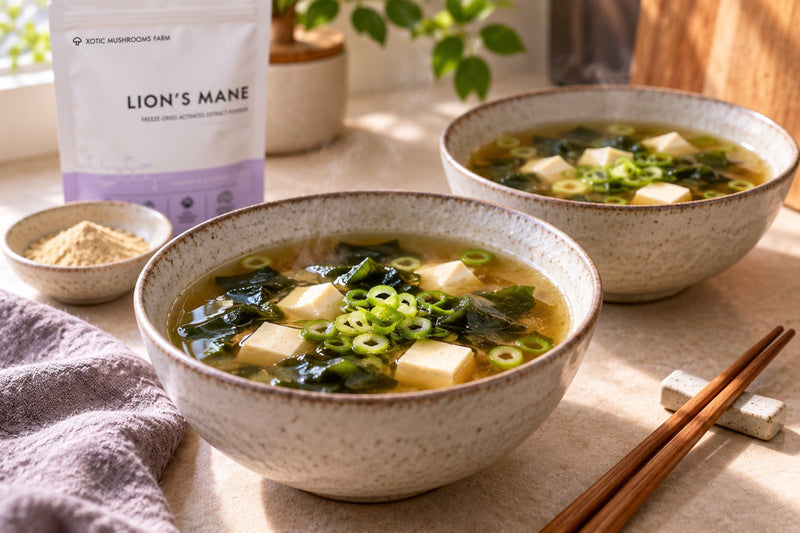 Lion's Mane miso soup made with mushroom powder for cooking