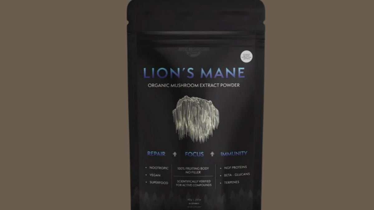 Front view of a Lion’s Mane mushroom extract powder pouch.