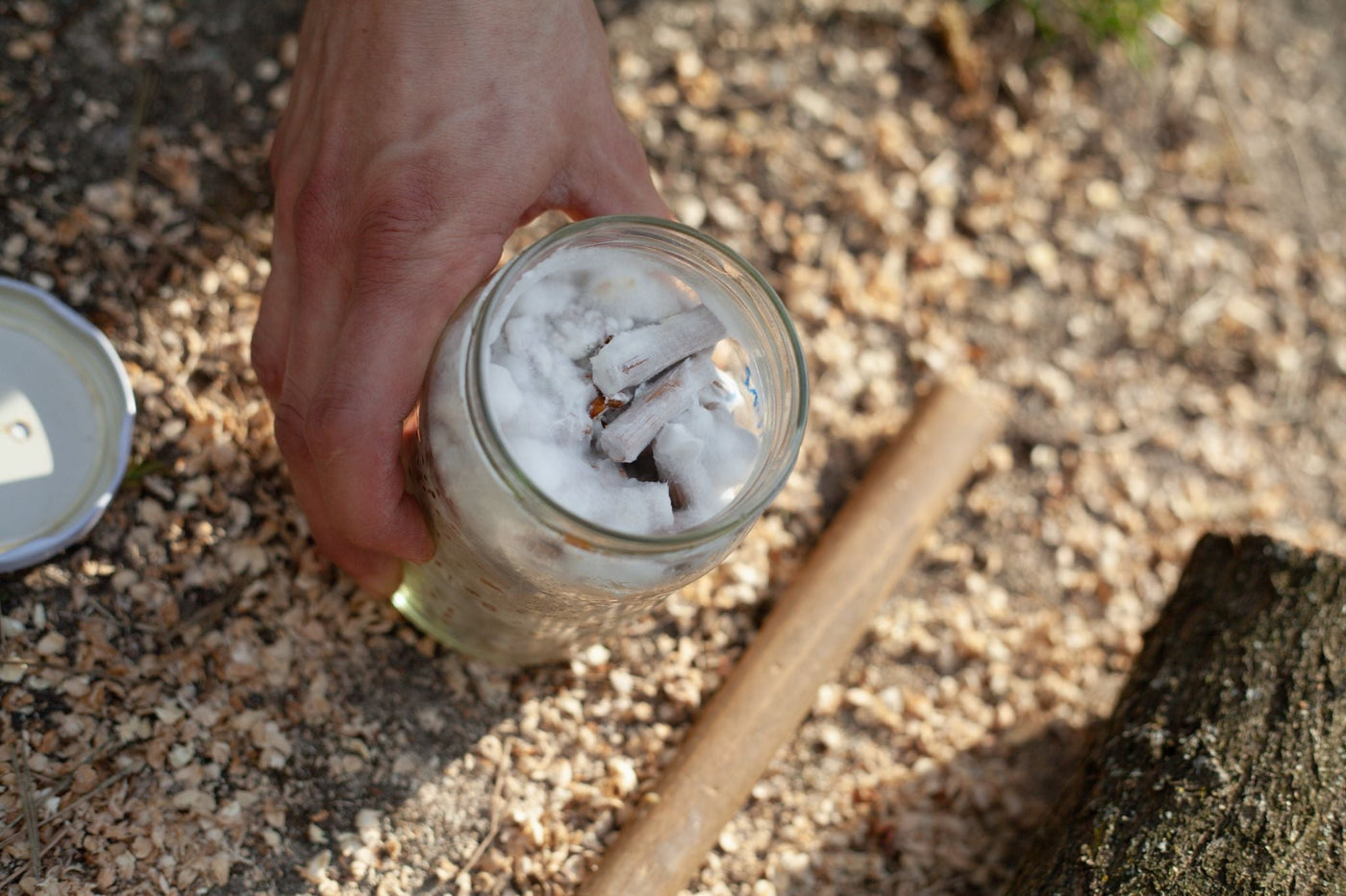 Hand holding a glass jar packed with white mycelium and wood pieces over sawdust outdoors, with the jar lid nearby.
