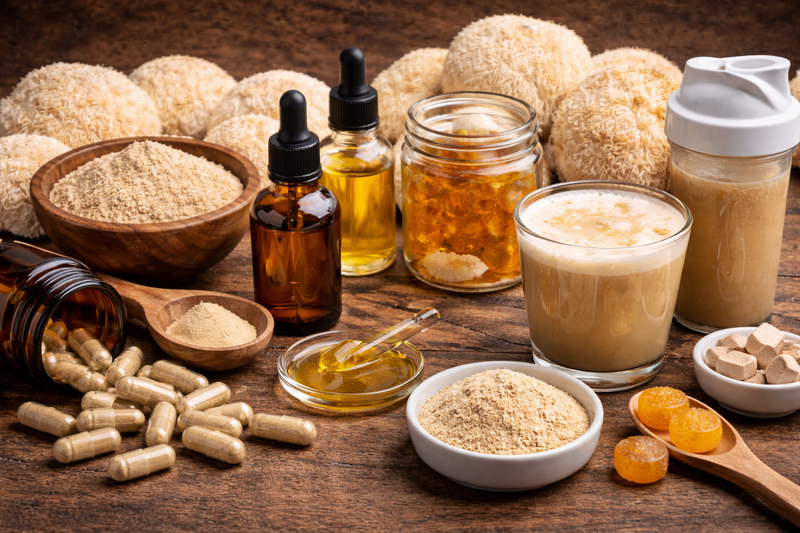 Various Lion’s Mane supplement formulations including capsules, powder, tinctures, gummies, and functional beverages displayed with fresh Lion’s Mane mushrooms on a wooden surface.
