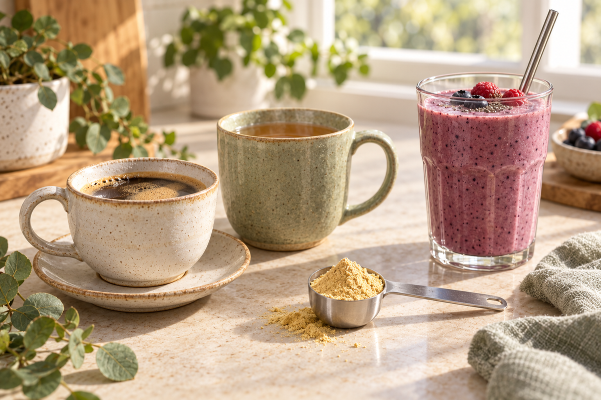 Coffee, tea and a smoothie beside Lion's Mane extract powder