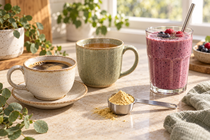 Coffee, tea and a smoothie beside Lion's Mane extract powder