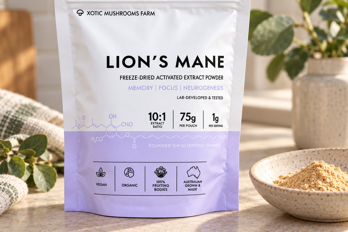 Close-up of Xotic Lion's Mane packaging showing 10:1 extract ratio and 100% fruiting bodies