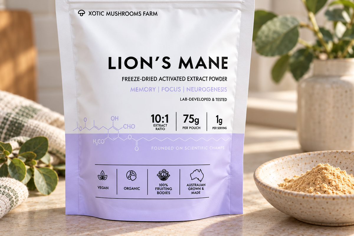 Close-up of Xotic Lion's Mane packaging showing 10:1 extract ratio and 100% fruiting bodies