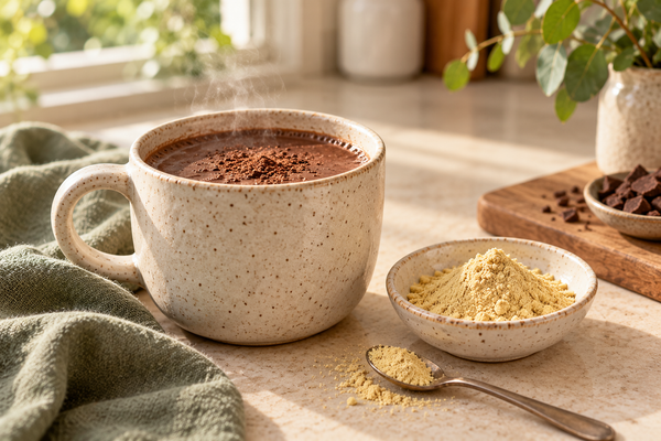 Lion's Mane hot chocolate made with cacao and Lion's Mane extract powder