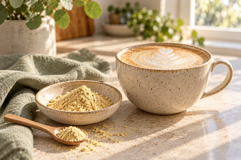 Lion's Mane coffee latte with a dish of Lion's Mane extract powder