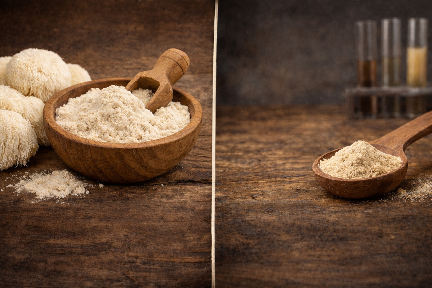 Side-by-side comparison of Lion’s Mane mushroom powder in a wooden bowl with fresh mushrooms and Lion’s Mane extract powder in a wooden spoon on a rustic wooden surface.