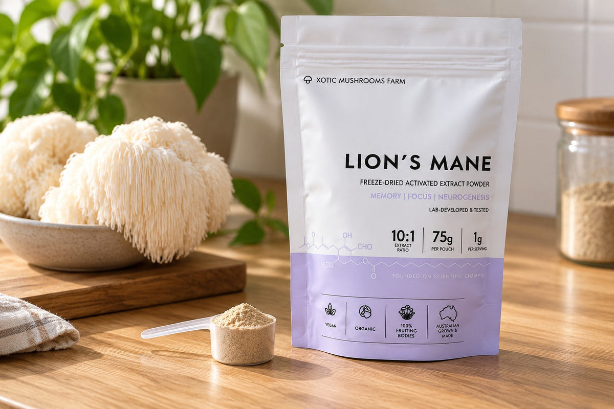 A scoop of extract powder beside the serving information on the Xotic pouch front.