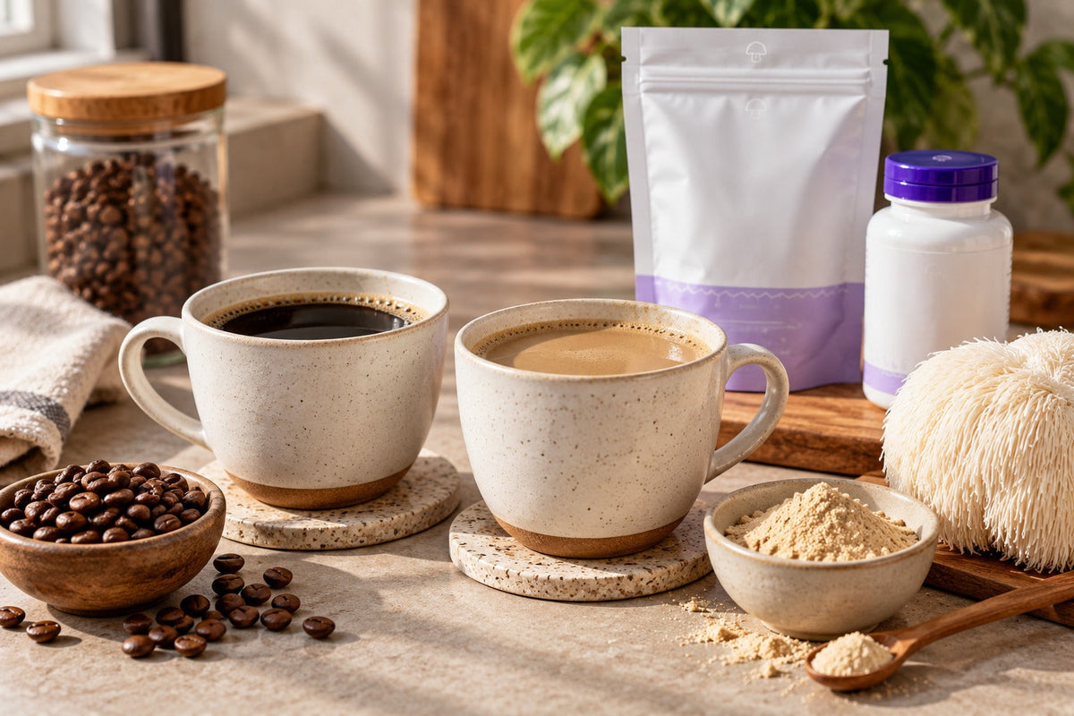 mushroom coffee vs regular coffee side by side with beans and Lion's Mane extract powder