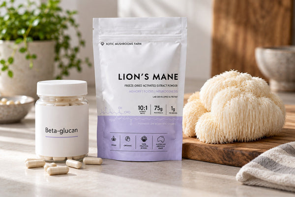 A generic beta-glucan capsule container beside Lion’s Mane extract and a fresh fruiting body.