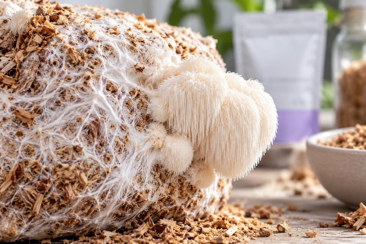 white mushroom mycelium growing through hardwood sawdust
