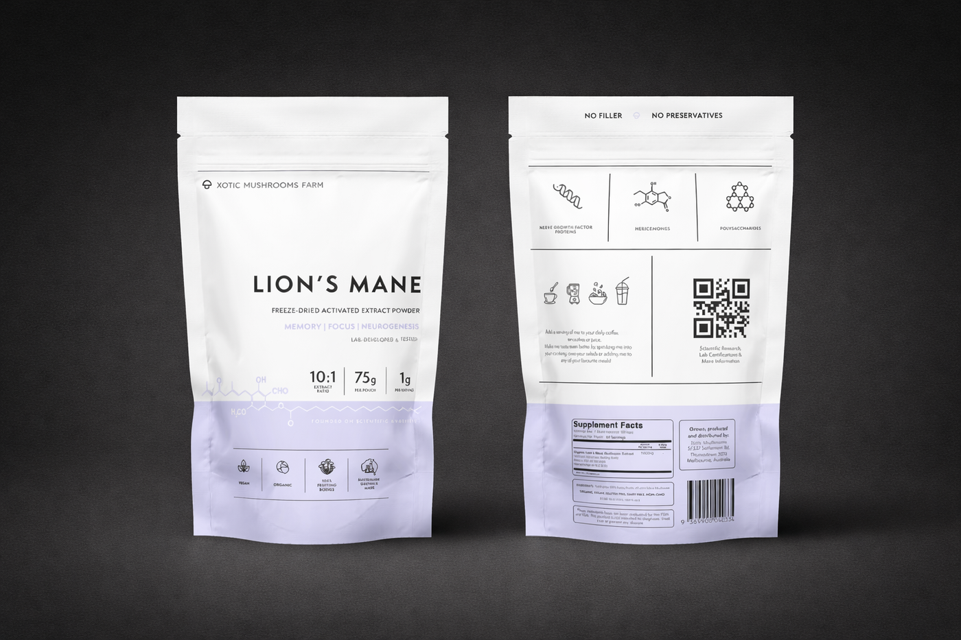 Lion’s Mane extract powder packaging front and back displayed on a dark grey background highlighting product details and supplement information.