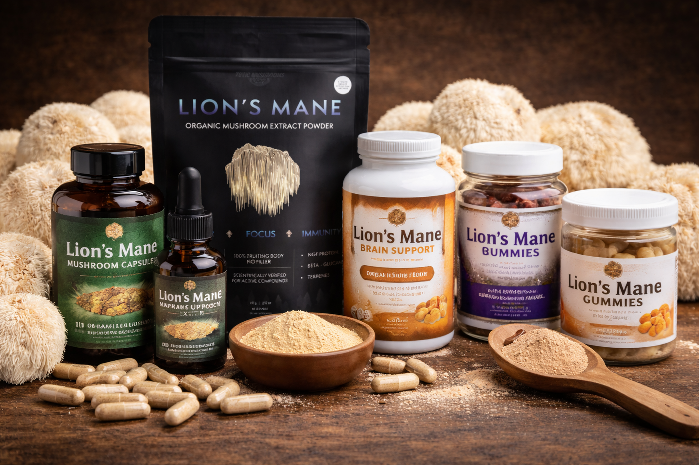 Assortment of Lion’s Mane mushroom supplements including capsules, tincture drops, gummies, and extract powder displayed with fresh Lion’s Mane mushrooms on a wooden surface.