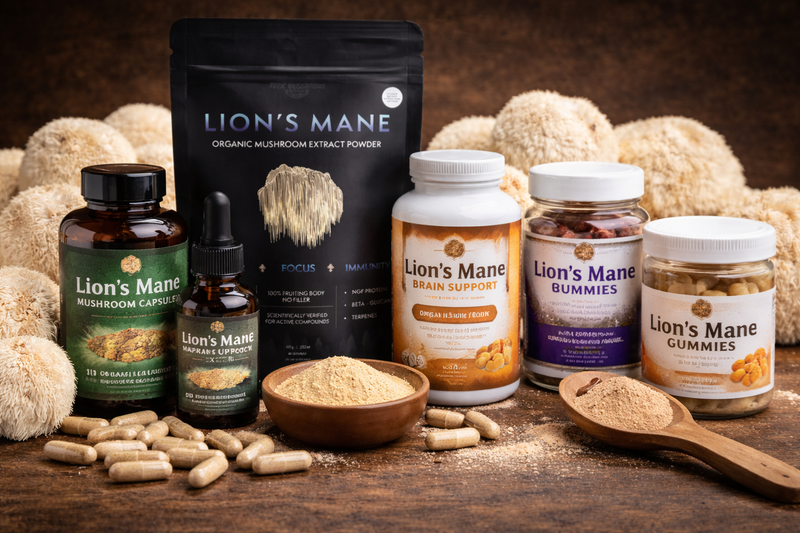 Assortment of Lion’s Mane mushroom supplements including capsules, tincture drops, gummies, and extract powder displayed with fresh Lion’s Mane mushrooms on a wooden surface.