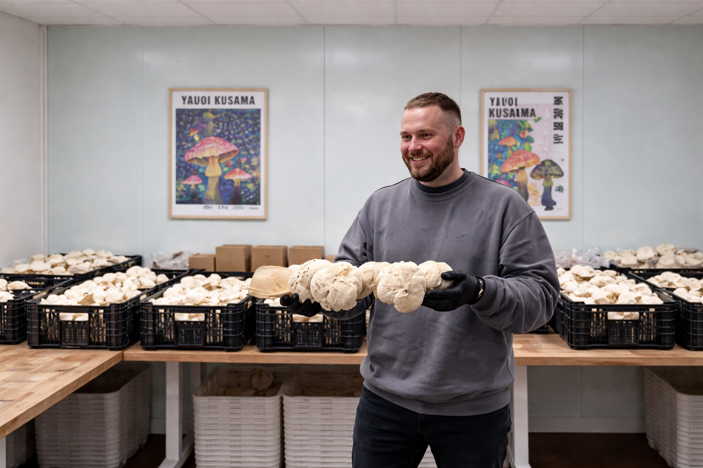Man holding large cluster of fresh Lion’s Mane mushrooms in indoor cultivation room with crates of harvested mushrooms behind him.