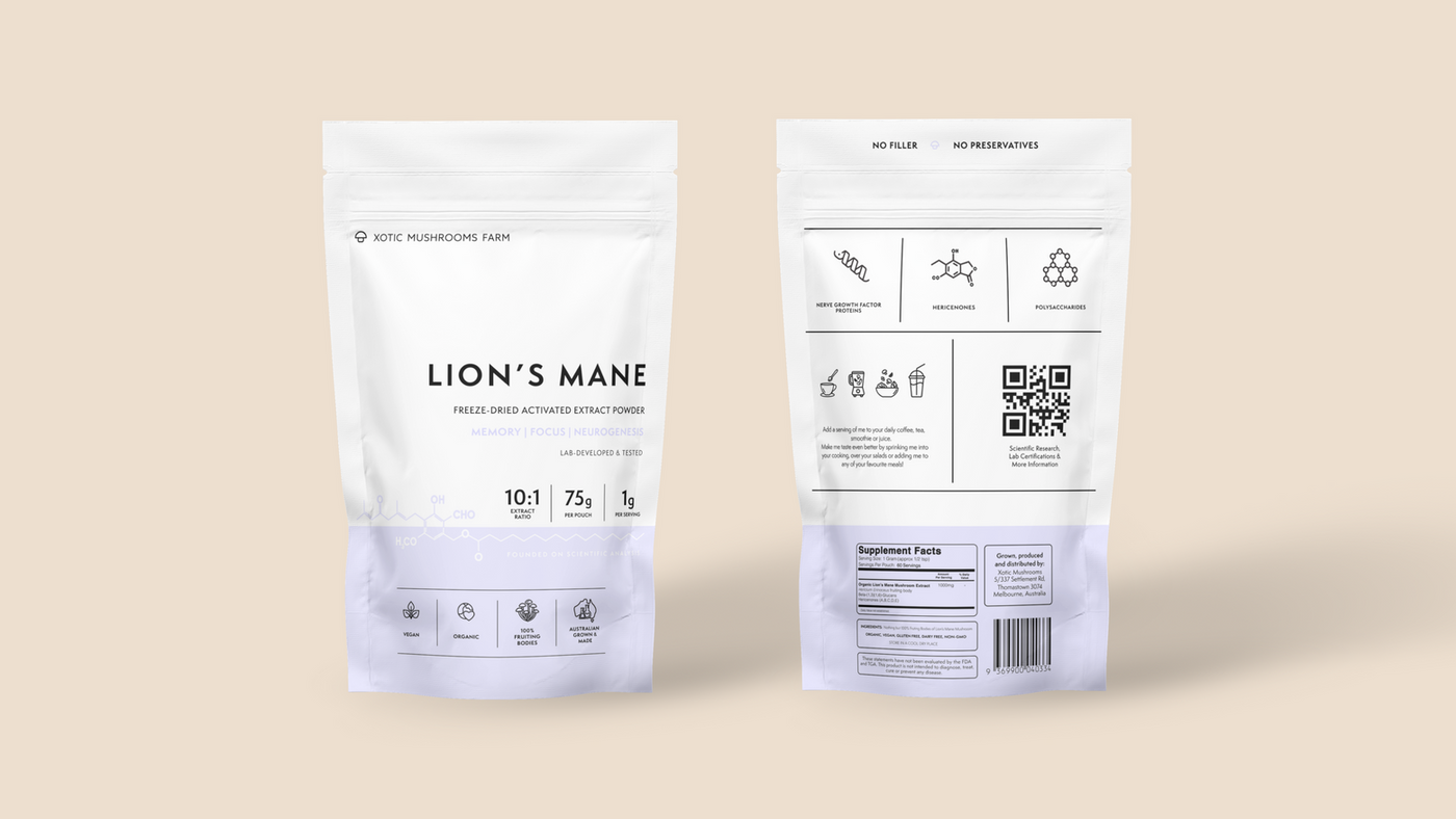 Lion’s Mane extract powder packaging showing front and back design with product details and supplement information.