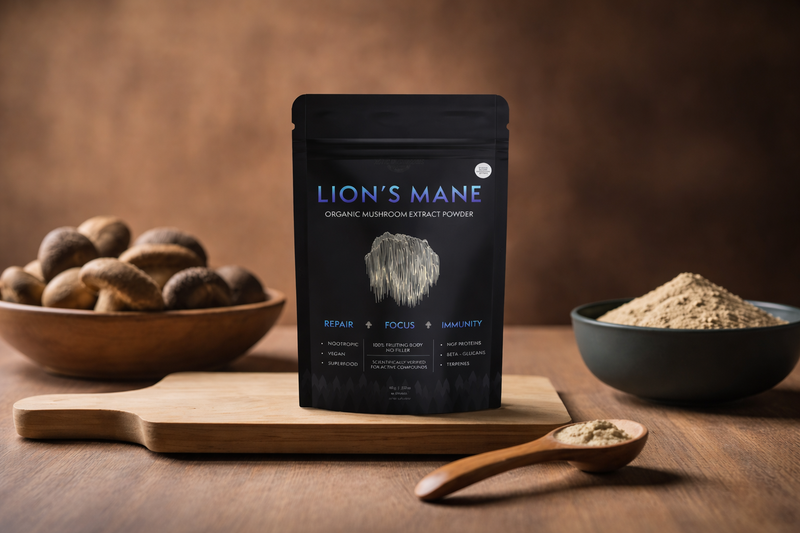 Lion’s Mane organic mushroom extract powder pouch displayed on wooden board with whole mushrooms and powder in bowls.