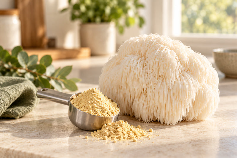 Lion's Mane extract powder next to a fresh Hericium erinaceus fruiting body