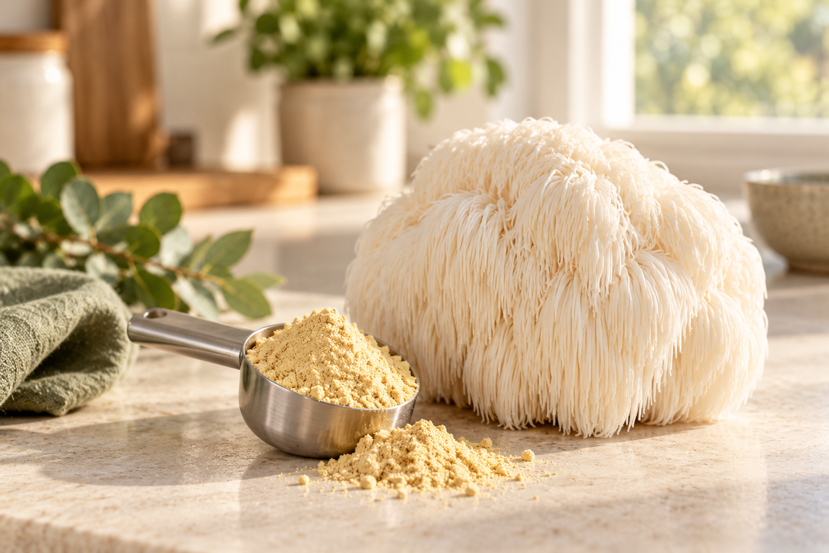 Lion's Mane extract powder next to a fresh Hericium erinaceus fruiting body