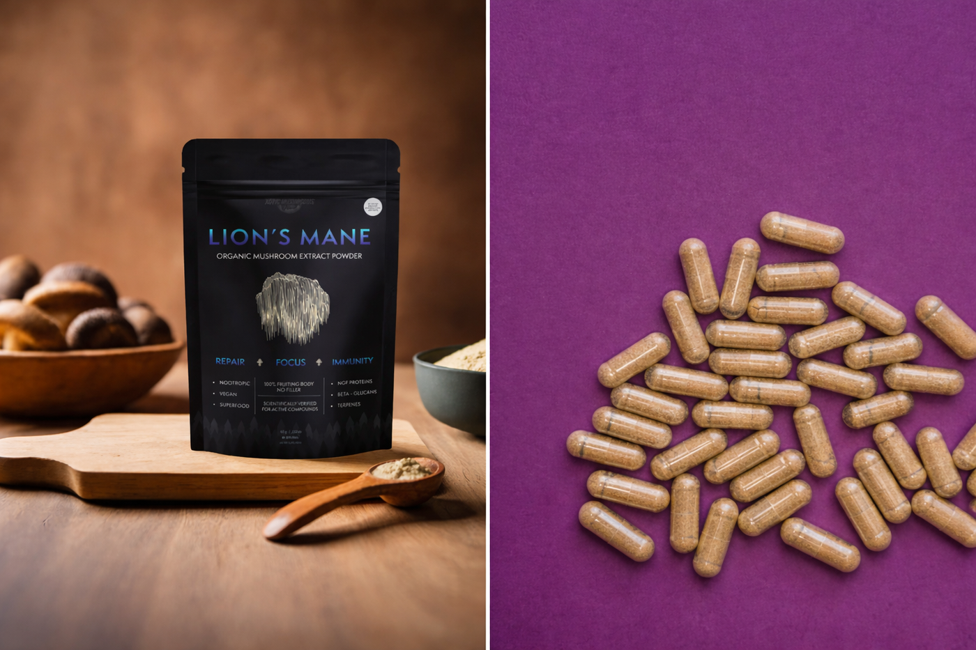 Lion’s Mane organic mushroom extract powder pouch beside Lion’s Mane capsules displayed side by side in wide layout.